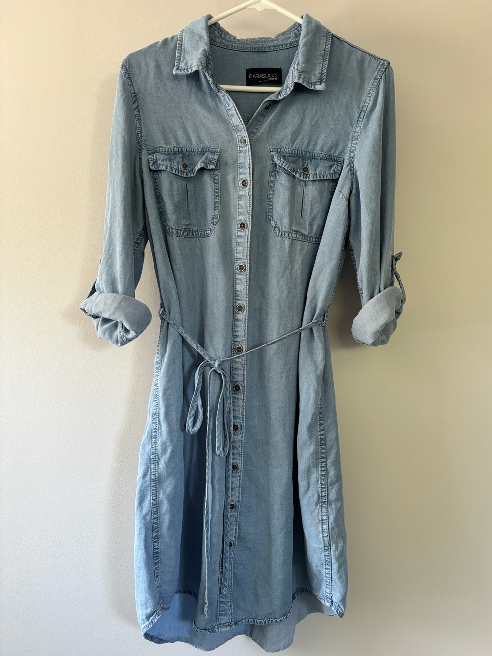 Parasuco Jeans Light Blue Denim Midi Shirt Dress with Waist Tie